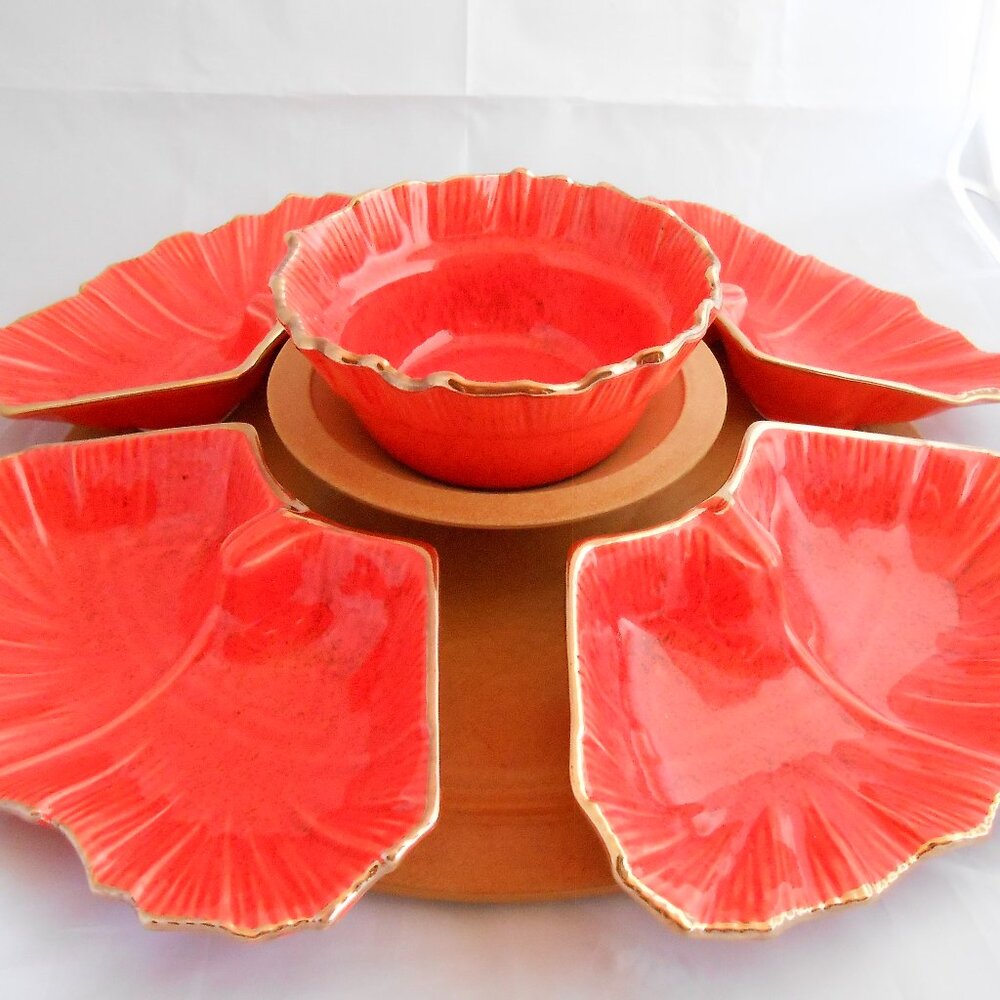 Vintage California Pottery Relish Set, Dip Set, Orange Speckled, Gold Trim, Tray